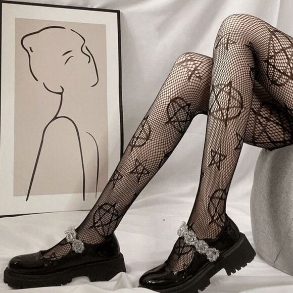 NWOT Pentagram Print Fishnet Tights - One Size - Picture 1 of 1